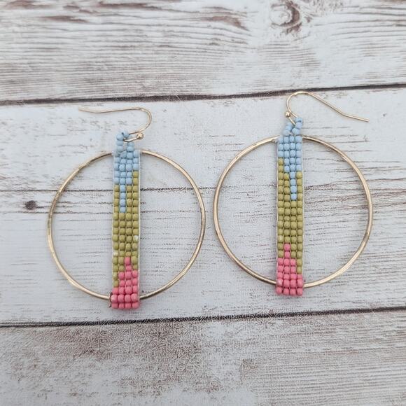 Vintage Earrings For Pierced Ears Large with Multi Colored Beads - Tarnished - Picture 1 of 8